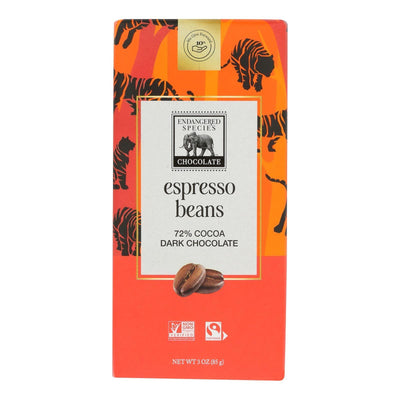 Endangered Species Natural Chocolate Bars - Dark Chocolate - 72 Percent Cocoa - Espresso Beans - 3 Oz Bars - Case Of 12 - Orca Market