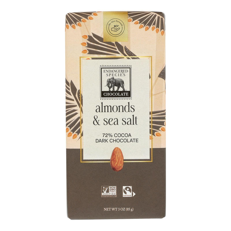 Endangered Species Natural Chocolate Bar - Dark Chocolate - 72 Percent Cocoa - Sea Salt And Almonds - 3 Oz Bars - Case Of 12 - Orca Market