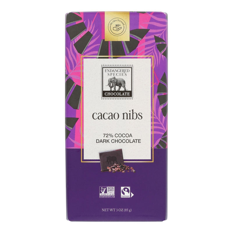 Endangered Species Natural Chocolate Bars - Dark Chocolate - 72 Percent Cocoa - Cacao Nibs - 3 Oz Bars - Case Of 12 - Orca Market