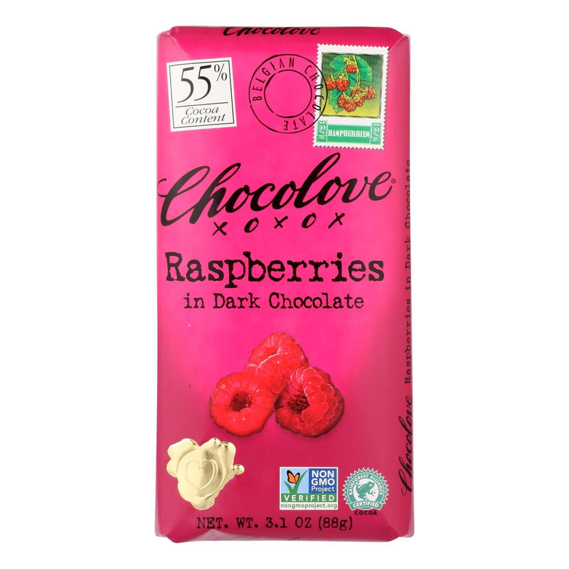 Chocolove Xoxox - Premium Chocolate Bar - Dark Chocolate - Raspberries - 3.1 Oz Bars - Case Of 12 - Orca Market