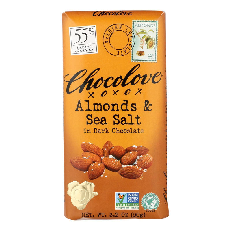 Chocolove Xoxox - Premium Chocolate Bar - Dark Chocolate - Almonds And Sea Salt - 3.2 Oz Bars - Case Of 12 - Orca Market