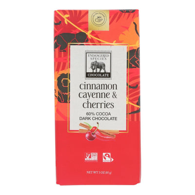 Endangered Species Natural Chocolate Bars - Dark Chocolate - 60 Percent Cocoa - Cinnamon Cayenne And Cherries - 3 Oz Bars - Case Of 12 - Orca Market